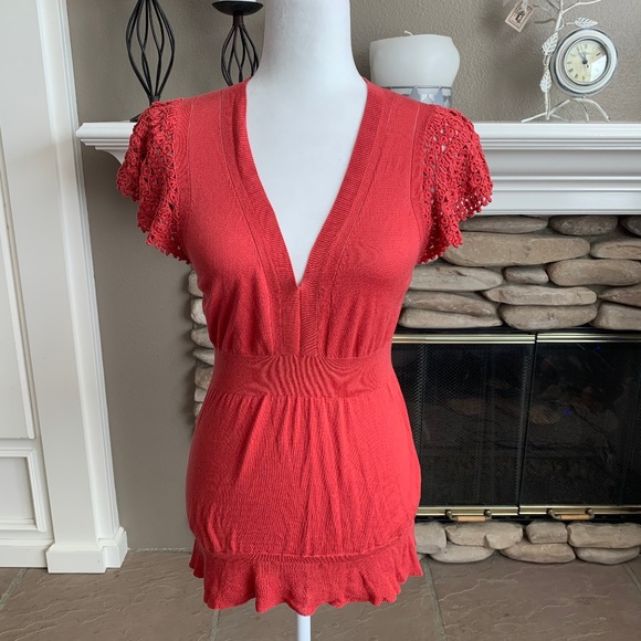 BCBGMaxAzria Tops - BCBGMaxAzria Silk Blend Crocheted Sleeves Knit Top